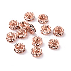 Brass with Crystal Rhinestone Spacer Beads, Cadmium Free & Lead Free, Flat Round, Rose Gold, 6x2.5mm, Hole: 1.6mm(KK-G418-14RG)