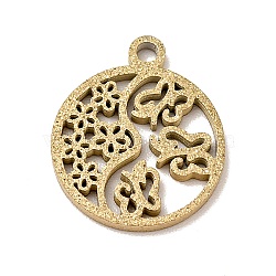 304 Stainless Steel Textured Pendants, Hollow, Flat Round with Butterfly & Flower, Golden, 14x12x1mm, Hole: 1.2mm(STAS-J040-04B-G)