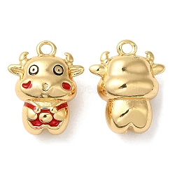 Brass Pendants, with Enamel,  Nickel Free, Cow Charm, Real 18K Gold Plated, 15x12x8mm, Hole: 1.5mm(KK-C028-24G)
