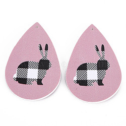 PU Leather Big Teardrop with Bunny Pendants, Easter Theme, with Rabbit Pattern, Pale Violet Red, 55~56.5x35~37x2mm, Hole: 1~2mm(FIND-T058-A49)