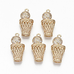Brass Micro Pave Cubic Zirconia Pendants, Light Gold, Long-Lasting Plated, Cadmium Free & Lead Free, Basketball with Basketry, Clear, 25x12.5x7mm, Hole: 1.6mm(KK-S359-007-RS)