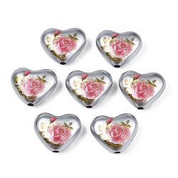 Spray Painted Opaque Acrylic Beads, Heart with Flower, Silver, 16x19x8mm, Hole: 2mm(SACR-S305-28-A04)