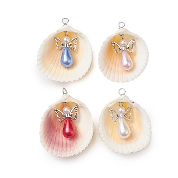 Natural Shell Pendants, Imitation Pearl Acrylic Angel Charms with Tibetan Style Alloy Wings, Antique Silver, Mixed Color, 47~54x38~42x16~19mm, Hole: 4mm