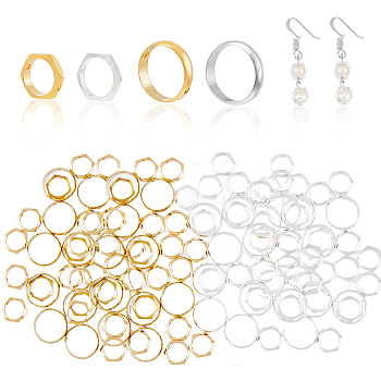 60Pcs 4 Style Brass Beads Frames, Long-Lasting Plated, Round Ring & Hexagon, Mixed Color, 8~12x2~3mm, Hole: 1~1.2mm