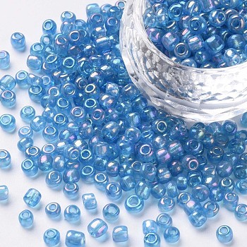 6/0 Round Glass Seed Beads, Transparent Colours Rainbow, Round Hole, Aqua, 6/0, 4mm, Hole: 1.5mm, about 500pcs/50g, 50g/bag, 18bags/2pounds