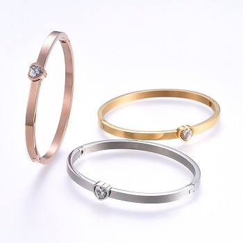 304 Stainless Steel Bangles, with Rhinestone, Heart, Mixed Color, 2-1/4 inch(5.6cm)x1-7/8 inch(4.7cm), 4~7.5mm