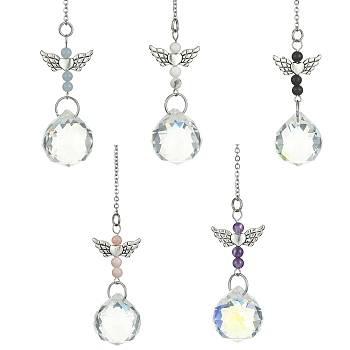 Glass Round Pendant Decorations, with Angel Gemstone & Alloy Link, for Home Decorations, 167mm