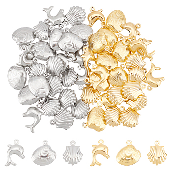 48Pcs 6 Style 304 Stainless Steel Charms, Shell Shapes & Dolphin, Mixed Color, 13.5~14.5x10.5~14x3.5~4.5mm, Hole: 1mm, 8pcs/style