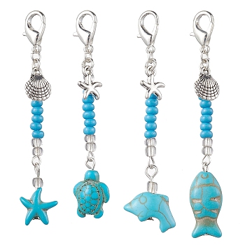 4Pcs Synthetic Turquoise Pendant Decorations, with Alloy Charms and Zinc Alloy Lobster Claw Clasps, Turquoise, 75~82mm, 4pcs/set