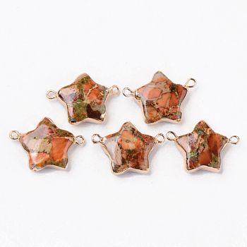 Synthetic Gold Line Regalite/Imperial Jasper/Sea Sediment Jasper Links Connectors, with Light Gold Plated Brass Edge, Dyed, Star, Light Salmon, 18~19x25~27x6~7mm, Hole: 1.5~1.8mm