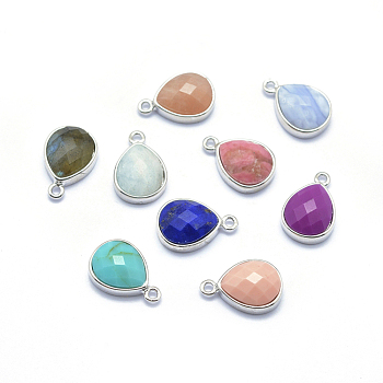 Natural Gemstone Charms, with Brass Findings, Faceted, teardrop, Platinum, 14x9.5x5mm, Hole: 1mm