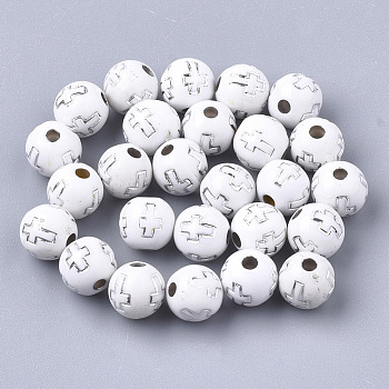 Plating Acrylic Beads, Silver Metal Enlaced, Round with Cross, White, 8mm, Hole: 2mm, about 1800pcs/500g