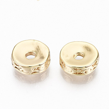 Brass Corrugated Beads, Nickel Free, Flat Round, Real 18K Gold Plated, 8x2.5mm, Hole: 1.8mm