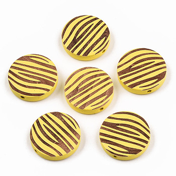 Painted Natural Wood Beads, Laser Engraved Pattern, Flat Round with Zebra-Stripe, Yellow, 20x5mm, Hole: 1.5mm