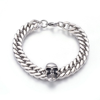 304 Stainless Steel Curb Chain/Twisted Chain Bracelets, with Lobster Claw Clasps, Skull, Antique Silver, 8-1/2 inch(21.5cm), 13.5mm