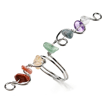 Natural Mixed Gemstone Chips Wide Ring, Rack Plating Brass Wire Wrap Chakra Ring, Platinum, Inner Diameter: 17mm