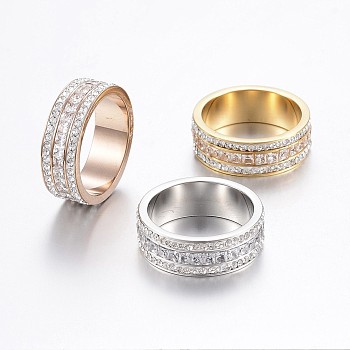 304 Stainless Steel Rings, with Cubic Zirconia and Polymer Clay Rhinestone, Wide Band Rings, Mixed Color, Size 6~9, 16~19mm