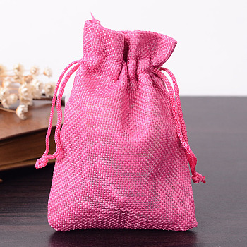 Polyester Imitation Burlap Packing Pouches Drawstring Bags, Deep Pink, 12x9cm