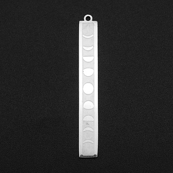 201 Stainless Steel Pendants, Laser Cut, Bar with Moon Phase, Stainless Steel Color, 45x6x1mm, Hole: 1.4mm