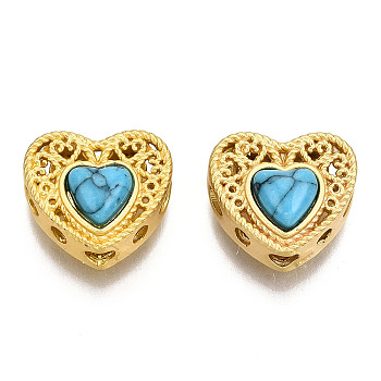 4-Hole Synthetic Turquoise Beads, Dyed, with Brass Findings, Hollow, Heart, Matte Gold Color, Sky Blue, 10x11.5x6mm, Hole: 2mm