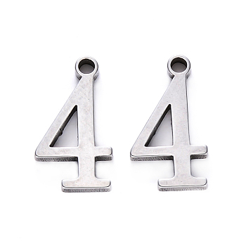 201 Stainless Steel Charms, Number, Laser Cut, Stainless Steel Color, Num.4, 15x8x1.5mm, Hole: 1.5mm