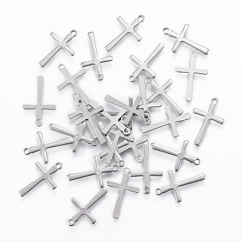 201 Stainless Steel Tiny Cross Charms, Stainless Steel Color, 14.5x9x0.8mm, Hole: 1mm
