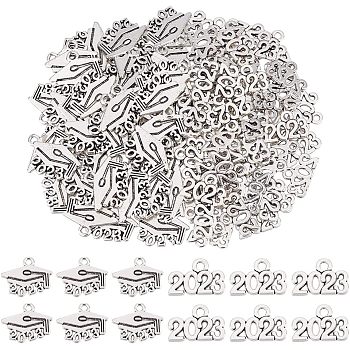 CHGCRAFT 120Pcs 2 Style Tibetan Style Alloy Charms, Doctoral Cap with Birth Year 2023, Antique Silver, 10x14mm and 10x14mm, 60pcs/style