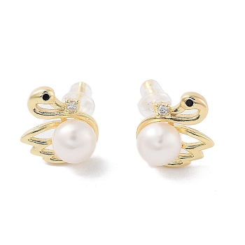 Natural Pearl Swan Stud Earrings, Brass Micro Pave Cubic Zirconia Earrings with 925 Sterling Silver Pins, Real 14K Gold Plated, 12.5x10.5mm