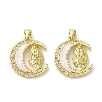 Brass Micro Pave Clear Cubic Zirconia Pendants, with Shell, Real 18K Gold Plated, Human, Moon, 22.5x19x2.5mm, Hole: 3.5x4mm