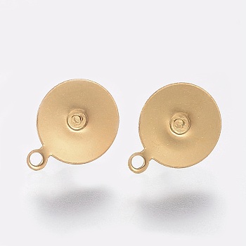 Ion Plating(IP) 304 Stainless Steel Stud Earring Findings, with Loop, Flat Round, Golden, 12.5x10x0.5mm, Hole: 1.5mm, Pin: 0.7mm