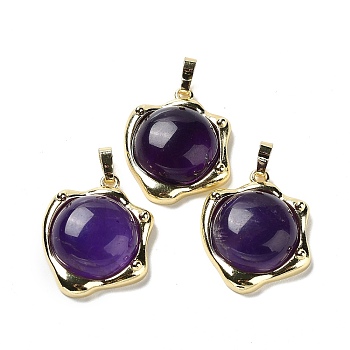 Natural Amethyst Pendants, Rack Plating Golden Plated Brass Nuggets Charms, Cadmium Free & Lead Free, 23.5x19x6.5mm, Hole: 2.5x5.5mm