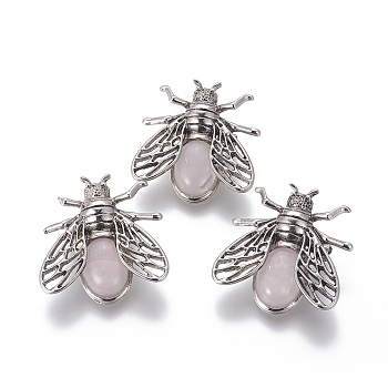 Natural Rose Quartz Brooches, with Alloy Findings, Cicada, Antique Silver, 38x36x8mm, Pin: 0.6mm