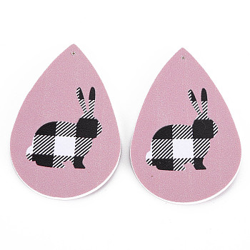 PU Leather Big Teardrop with Bunny Pendants, Easter Theme, with Rabbit Pattern, Pale Violet Red, 55~56.5x35~37x2mm, Hole: 1~2mm