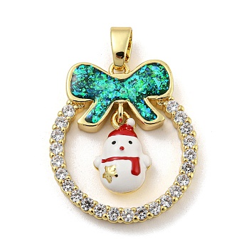 Christmas Brass Micro Pave Cubic Zirconia Pendant, with Enamel and Synthetic Opal, Christmas Wreath, Dark Cyan, 25.5x22.5x5mm, Hole: 5x3mm