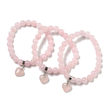 8.5mm Round Natural Rose Quartz Beaded Stretch Bracelets, Heart Charm Bracelets with Brass Bails for Women, Inner Diameter: 2-1/8 inch(5.5cm)