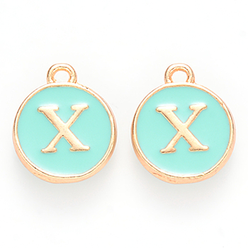 Golden Plated Alloy Enamel Charms, Cadmium Free & Lead Free, Enamelled Sequins, Flat Round with Letter, Turquoise, Letter.X, 14x12x2mm, Hole: 1.5mm