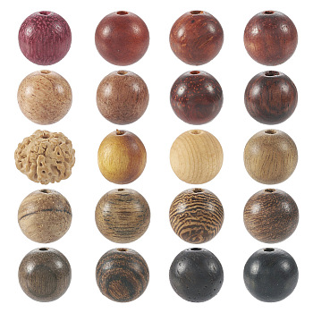 200Pcs 20 Styles Wood Beads, Round, Mixed Dyed and Undyed, Mixed Color, 8~9x8~9mm, Hole: 0.8~1.5mm, 10pcs/style