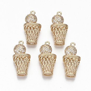 Brass Micro Pave Cubic Zirconia Pendants, Light Gold, Long-Lasting Plated, Cadmium Free & Lead Free, Basketball with Basketry, Clear, 25x12.5x7mm, Hole: 1.6mm