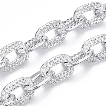 Aluminum Textured Cable Chain, Oval Link Chains, Unwelded, Platinum, 22.5x15.5x4mm