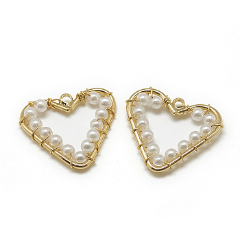 ABS Plastic Imitation Pearl Pendants, with Brass Findings, Heart, Real 18K Gold Plated, 20x22.5x3mm, Hole: 1mm
