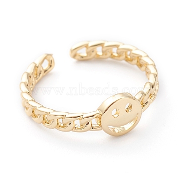 Brass Cuff Rings, Open Rings, Long-Lasting Plated, Smiling Face, Curb Chain Shape, Real 18K Gold Plated, US Size 8, Inner Diameter: 18mm(RJEW-Z006-L-01G)