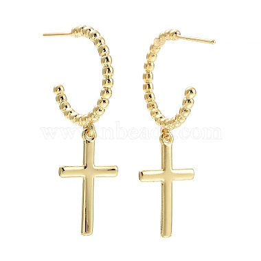 C-Shape with Cross Dangle Stud Earrings Brass Long Drop Half Hoop Earrings for Women(EJEW-E167-01G)-2