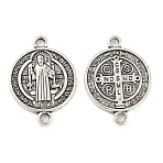 Tibetan Style Alloy Connector Charms, Cadmium Free & Lead Free, Religion Flat Round Links with Cross, Antique Silver, 29x21x2mm, Hole: 2.2mm(X-TIBE-P001-29AS)