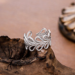 304 Stainless Steel Cuff Open Rings for Women, Leaf, Stainless Steel Color, Inner Diameter: 15~20mm(WGDC143-02)