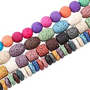 4 Strands 4 Style Natural Lava Rock Beads Strands, Dyed, Flat Round & Round & Column & Rice, Colorful, 8~12.5x8~9mm, Hole: 1~2mm, 1strand/style(G-OC0002-84)