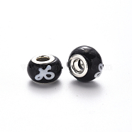 Handmade Lampwork European Beads, Large Hole Rondelle Beads, Bumpy Lampwork, with Platinum Tone Brass Double Cores, Black, 14~16x9~10mm, Hole: 5mm(LPDL-N001-053-B11)