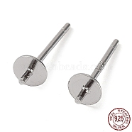 Rhodium Plated 925 Sterling Silver Stud Earring Findings, Flat Pad, for Half Drilled Bead, with S925 Stamp, Real Platinum Plated, 12.5x4mm, Pin: 0.7mm(STER-E068-01A-P)