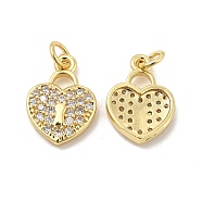 Brass Micro Pave Clear Cubic Zirconia Pendants, with Jump Ring, Heart Lock Charm, Real 18K Gold Plated, 16x11x2.5mm, Hole: 3.5mm(KK-E068-VB165)