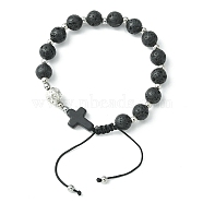 Natural Lava Rock Round & Cross Braided Bead Bracelets, Adjustable Nylon Cord Bracelets for Women, Inner Diameter: 2-1/8~3-1/8  inch(5.5~8cm)(BJEW-TA00321-01)