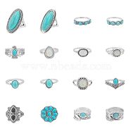 16Pcs 16 Style Flower & Oval & Eagle & Teardrop & Feather Synthetic Turquoise Finger Rings Set, Alloy Stackable Rings for Women, Antique Silver, Inner Diameter: 14.5~18mm, 1Pc/style(RJEW-AN0001-06)